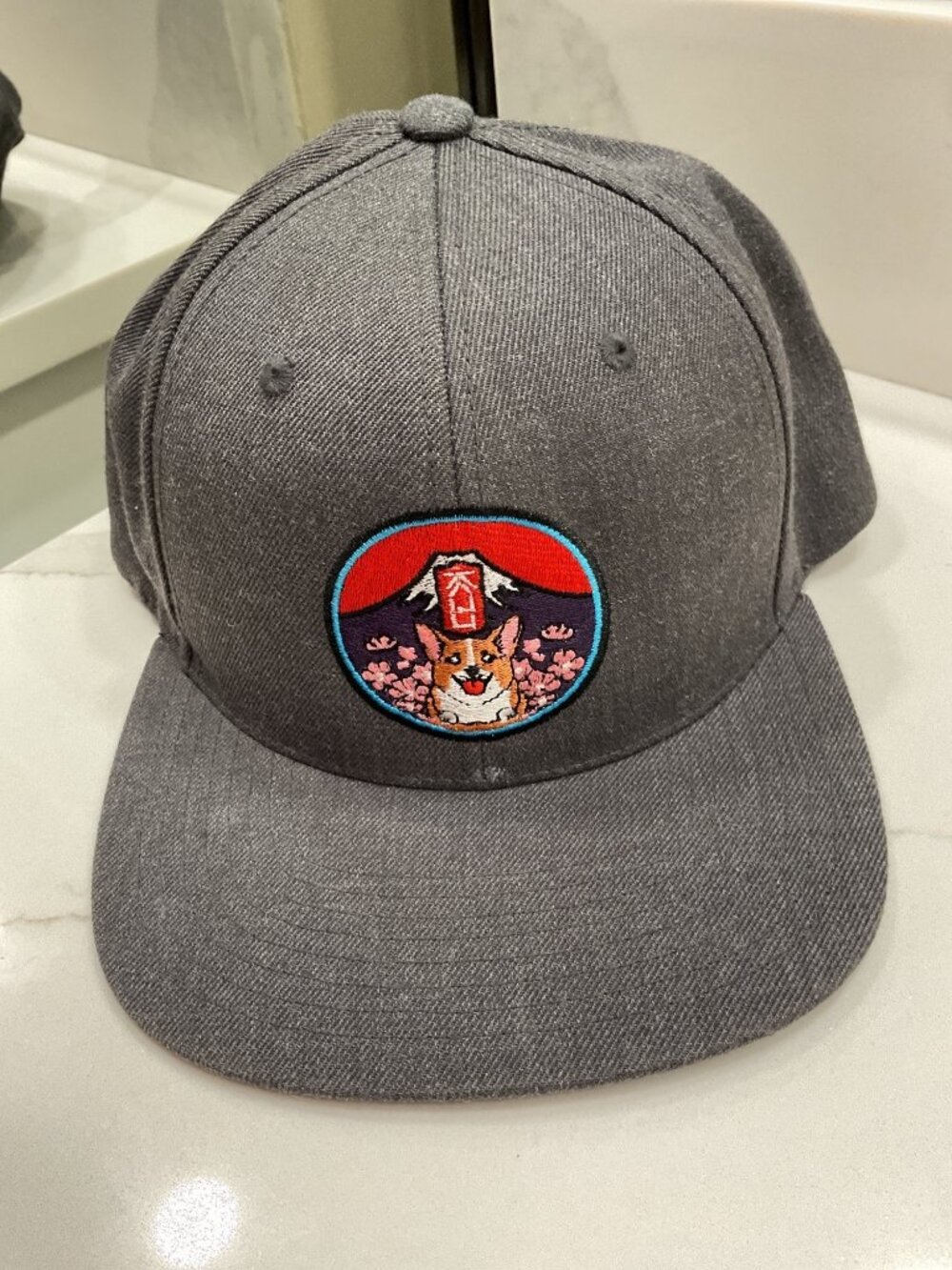 Classics Grey Wool Blend Cap Featuring Patch with Corgi Dog and Mt. Fuji